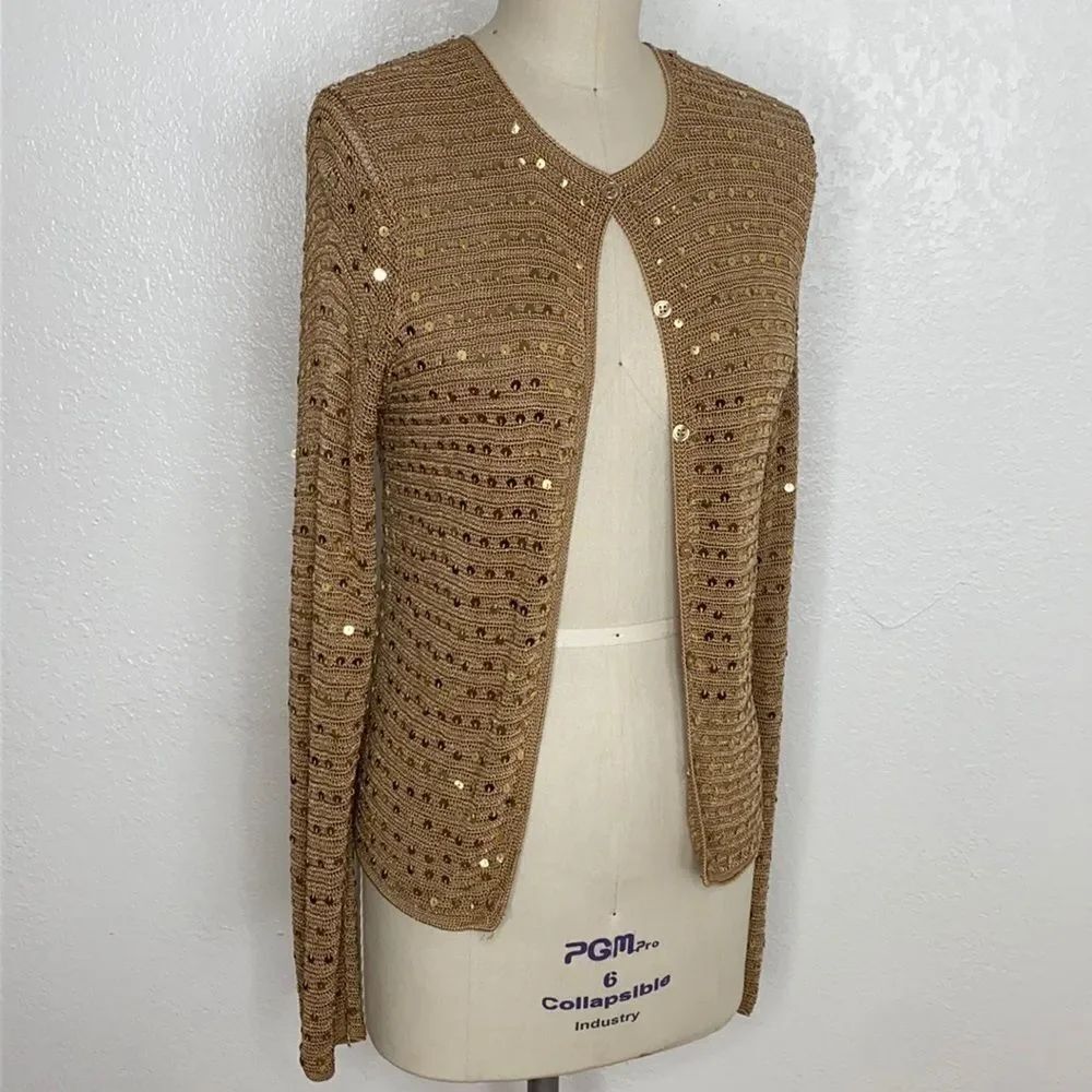 Vintage 90a Y2K tan gold neutral embellished sequin party cardigan top S